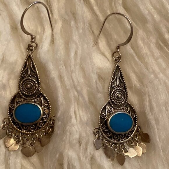 EARRINGS STERLING SILVER TURQUOISE BLUE DANGLE DROP FRENCH HOOK PIERCED WIRE 925 - Picture 1 of 6